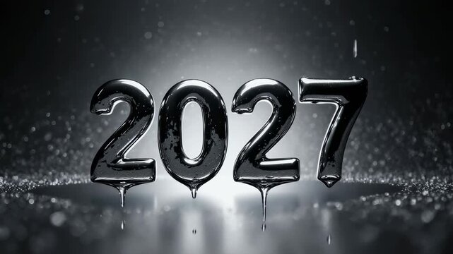 The number 2027 stands in the center in a bold sans‑serif font, made of reflective liquid chrome that slowly melts and drips downward.