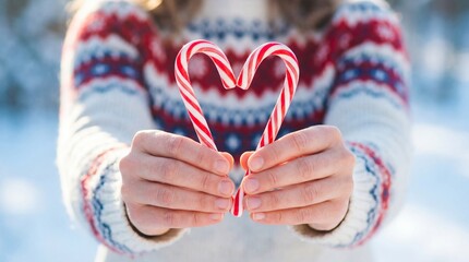 Hands holding heart shaped candy canes in winter sweater Christmas love and holiday celebration concept