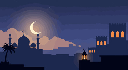 Vector illustration of a mosque and buildings on a Ramadan night scene with a crescent moon and people praying during iftar or saahoor.