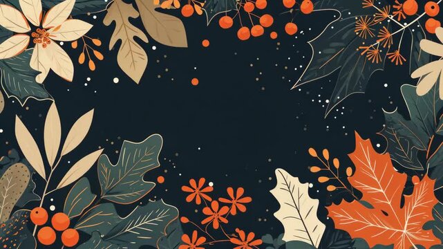 A charming autumn tapestry with berries and leaves in hues of orange, red, and green on a dark background.