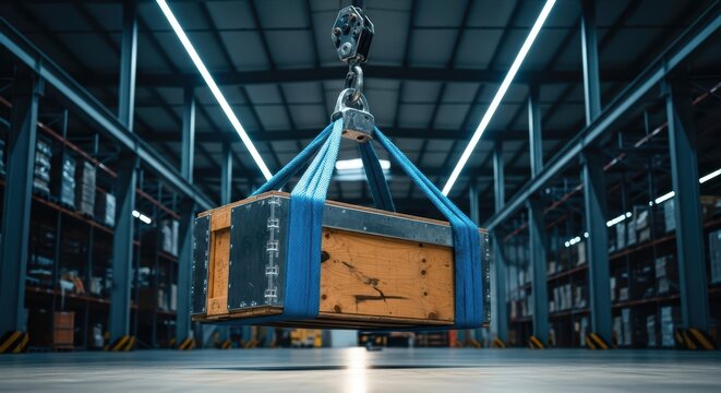 Industrial warehouse with suspended wooden crate in blue straps under bright ceiling lights