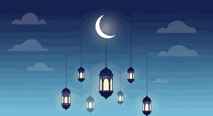 A Muslim family gathers for a Ramadan night scene with lanterns under a crescent moon and clouds.
