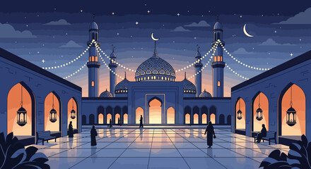 A serene mosque courtyard at night during Ramadan with people praying and a mosque illuminated by warm lights.