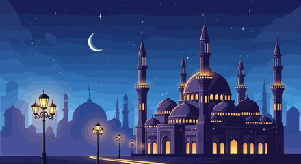 A serene ramadan night scene of a mosque with people praying during the fasting month of ramadhan.