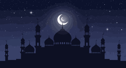 A silhouette of a mosque against a night sky with a crescent moon during Ramadan.