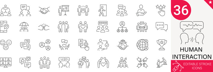 Human Interaction Icons Set. Communication, Teamwork, Meeting, Greeting, Collaboration, Relationship, Social, Connection. 36 Professional Line Icons with Editable Stroke. Ideal for Business. © MinimalPixel