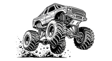 Monster Truck Jumping Off-Road With Large Tires, Black and White Illustration © udin