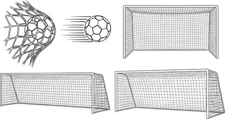 Vector set of soccer goal line art illustrations featuring a football hitting net scoring a goal and isolated empty goalposts for sports design. © Ajmira