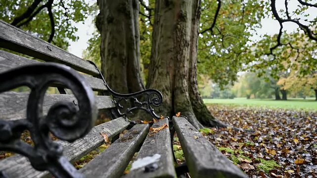 Park Bench Surrounded by Autumn Leaves.
