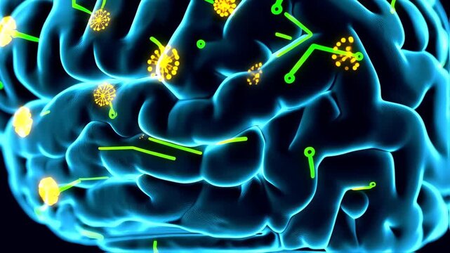 A glowing, stylized brain with interconnected neural network visuals