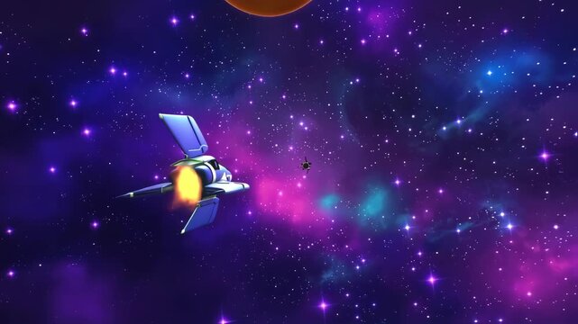 A stylized space scene with two ships, planets, and a starry nebula