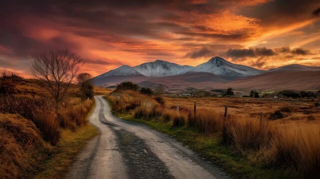 A winding dirt road leads towards snow-capped mountains under a dramatic orange sunset sky