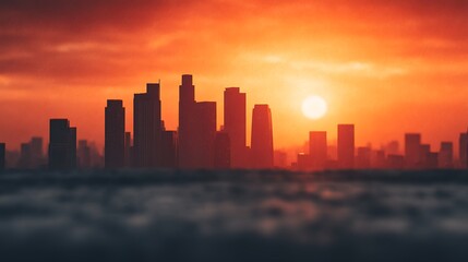 Obraz premium A stunning sunset casts a warm glow over a city skyline, silhouetting tall buildings against vibrant orange and yellow hues.