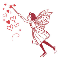 Fototapeta premium Valentine Fairy – Magical Flying Girl with Love Wand, Romantic Heart Dust, Cute Cupid Character, Vintage Style Line Art, Fairy Tale Illustration for Wedding, Invitation, Greeting Card, Pink & Romance