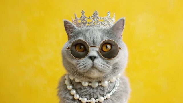 Adorable British Shorthair cat wearing round sunglasses, pearls and a crown
