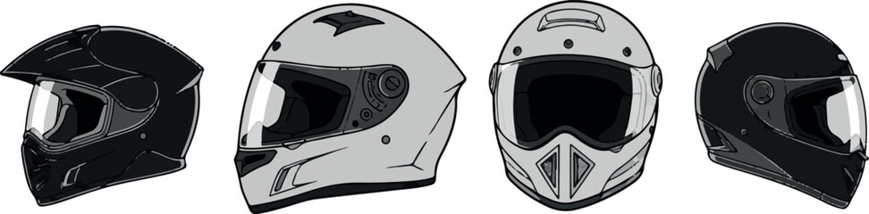 Fototapeta premium Four different motorcycle helmets in black and white colors, isolated on a Transparent Background, for safety gear and biking accessories.
