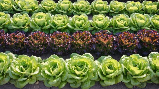 Brightly colored vegetables and flowers planted in neat rows on a farm.