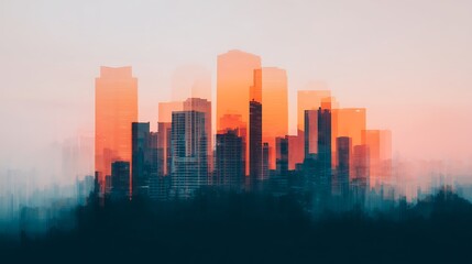 Fototapeta premium A hazy city skyline at dusk, showcasing tall buildings illuminated with warm orange hues against a misty background.