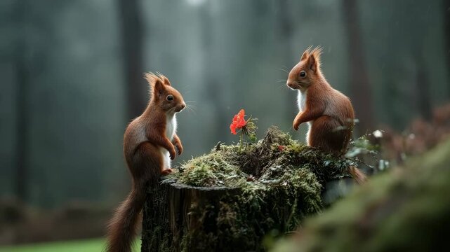 Two red squirrels share a bright yellow flower on a mossy tree stump in the forest