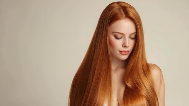 Beautiful woman model with long ginger red silky shiny hair