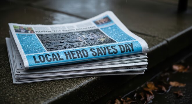 Wet newspaper stack on sidewalk with headline 'local hero saves day' in rainy urban setting