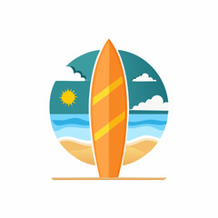 Stylized Orange Surfboard on Sand Beach with Ocean Waves and Sunny Sky in Circular Frame, Summer Vacation