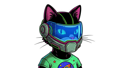 Cyberpunk cat with futuristic helmet and green shirt isolated on a transparent background