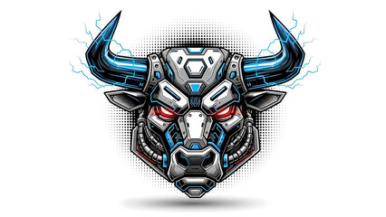 Cyberpunk bull head with glowing red eyes isolated on a transparent background