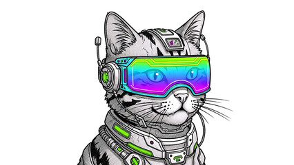 Cyberpunk cat with futuristic V R headset isolated on a transparent background