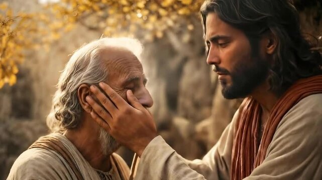 Jesus Christ heals a blind man. Religious biblical scene theme concept.