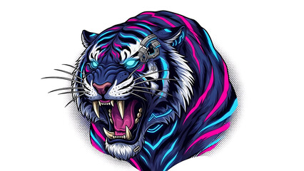 Cyberpunk Tiger Roaring with Neon Colors isolated on a transparent background