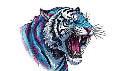 Cyberpunk tiger with open mouth roaring isolated on a transparent background