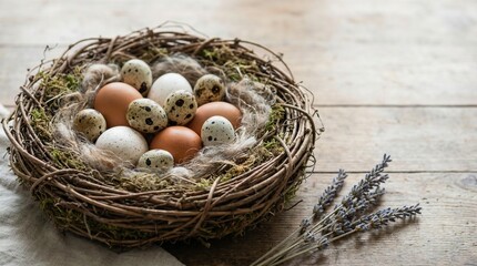 Obraz premium Nest with Quail and Chicken Eggs, Natural Setting, Photography, Rustic Environment, Close-Up View
