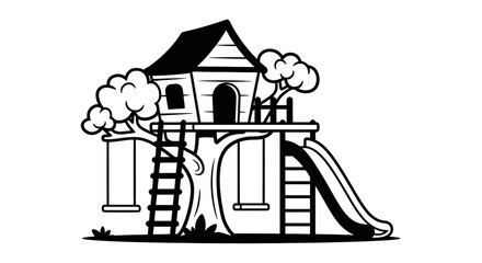 Naklejka premium Whimsical Treehouse Playground with Swings and Slide, Black and White Illustration