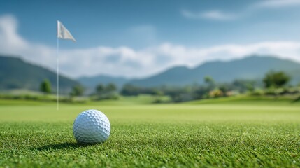 Obraz premium Golf Ball on Green Course with Flag and Rolling Hills in Background on Sunny Day.