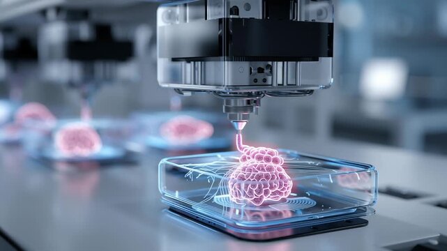 Personalized medicine bioprinting concept, customized biological structures being printed, clean clinical environment, soft scientific lighting, modern healthcare technology, commercial editorial 