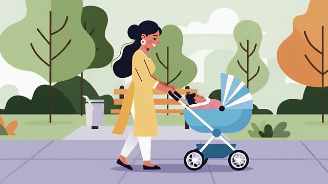 Mother pushing baby in stroller through park pathway