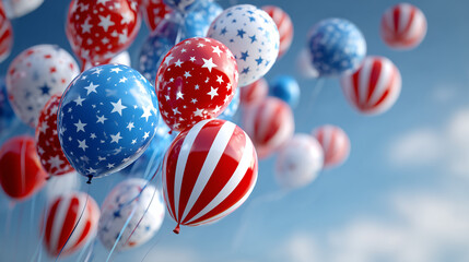 Colorful balloons with stars and stripes floating in blue sky  