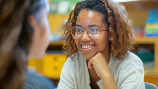 A cheerful woman with glasses has a bright smile as she looks up at someone out of frame.