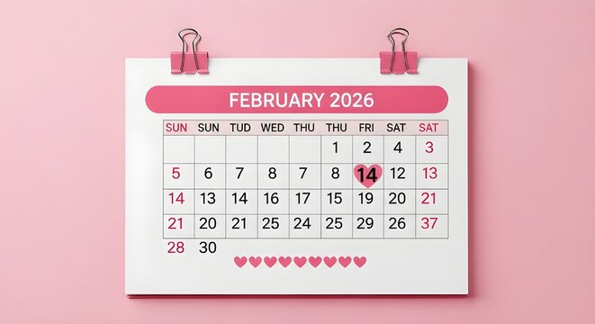 A calendar for February 2026 with a pink background and hearts.
