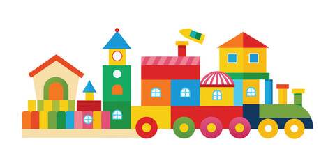 Fototapeta premium A charming and extensive cityscape created entirely from colorful building blocks, including a long toy train. 