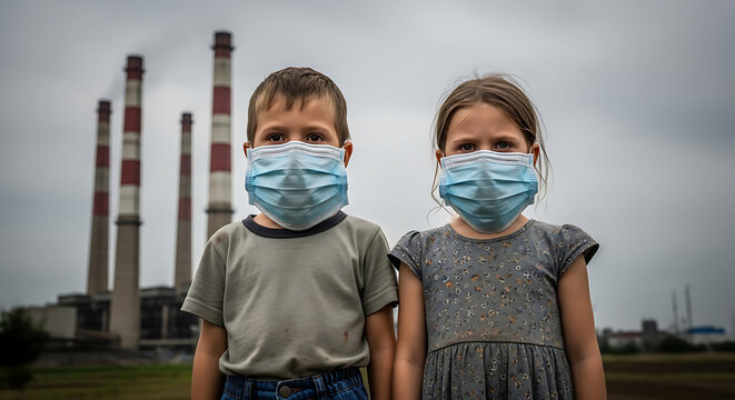 Young sibling pair wearing protective respiratory mask near a massive industrial smokestack emitting smoke, illustrating child exposure to dangerous urban air pollution and toxic atmospheric smog.