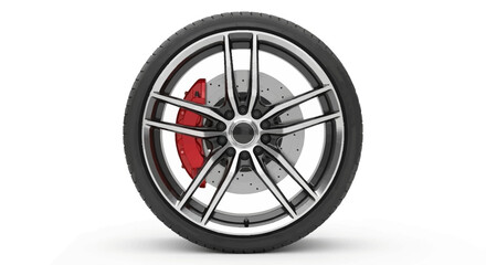 High-performance alloy car wheel with red brake disc.