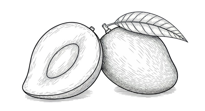 Hand-drawn sketch of a whole mango and a halved mango with a leaf on white background