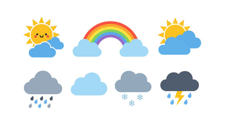 Obraz premium Set of cartoon weather icons including sun, clouds, rain, rainbow, and thunderstorm.