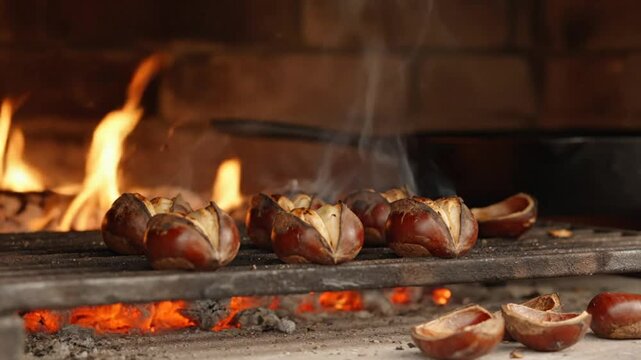 Roasted chestnuts grilling over open flames in a brick oven, steaming and crackling in the warmth