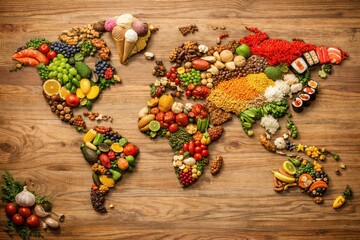 Word Map made of raw fresh colorful healthy local food - fruits, vegetables, seafood, nuts, grains and some ice cream in Greenland. Top down view on a wooden dining table.