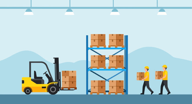 Warehouse workers operating forklift and handling cardboard boxes.