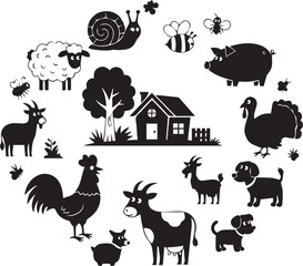 Obraz premium A collection of farm animals and insects in black silhouettes, including a house and trees, on a Transparent Background.