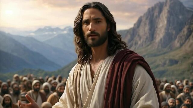 Jesus Christ sermon on the mount biblical scene. Religious theme concept.